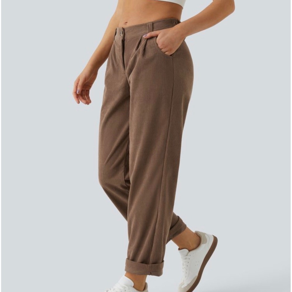 Halara Acorn Brown Corduroy High Waisted Straight Leg Pleated Pants Womens XL - Picture 2 of 5